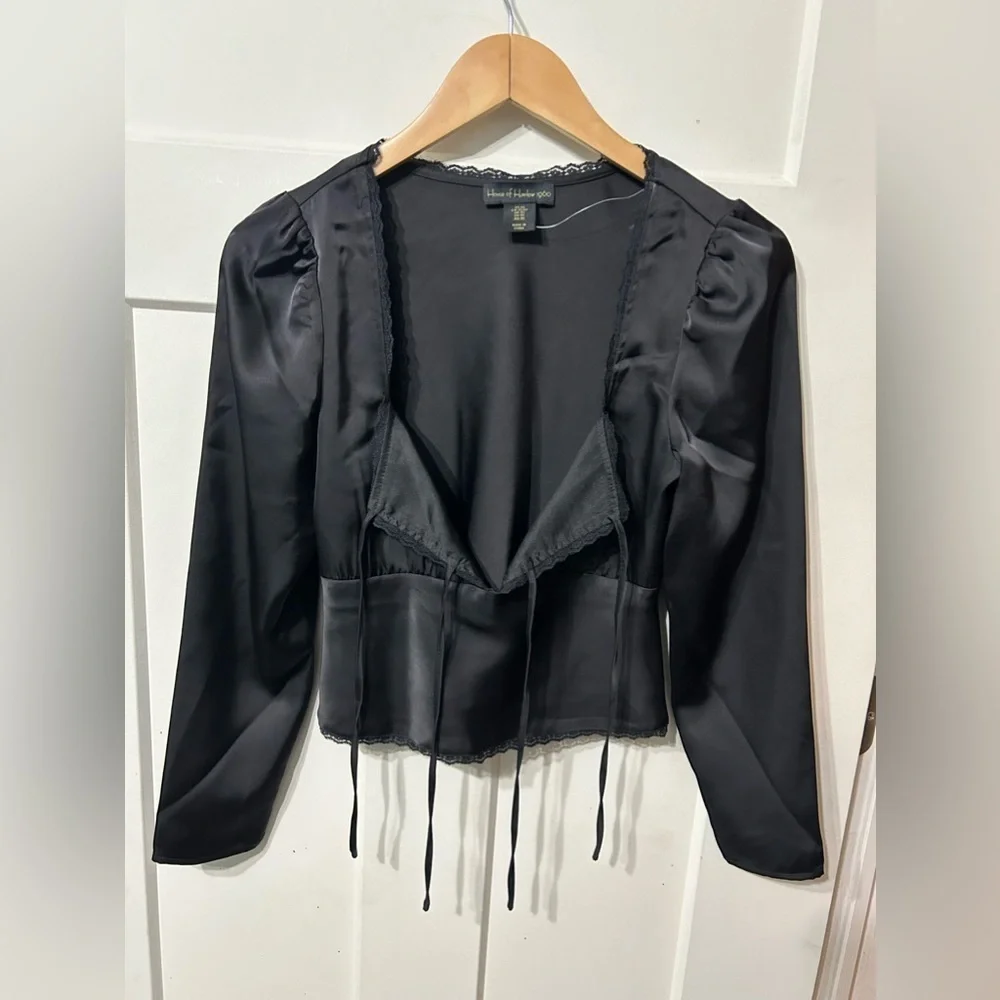House of Harlow 1960 Black Satin Tie close Blouse and Long Skirt lace trim set - Picture 3 of 8